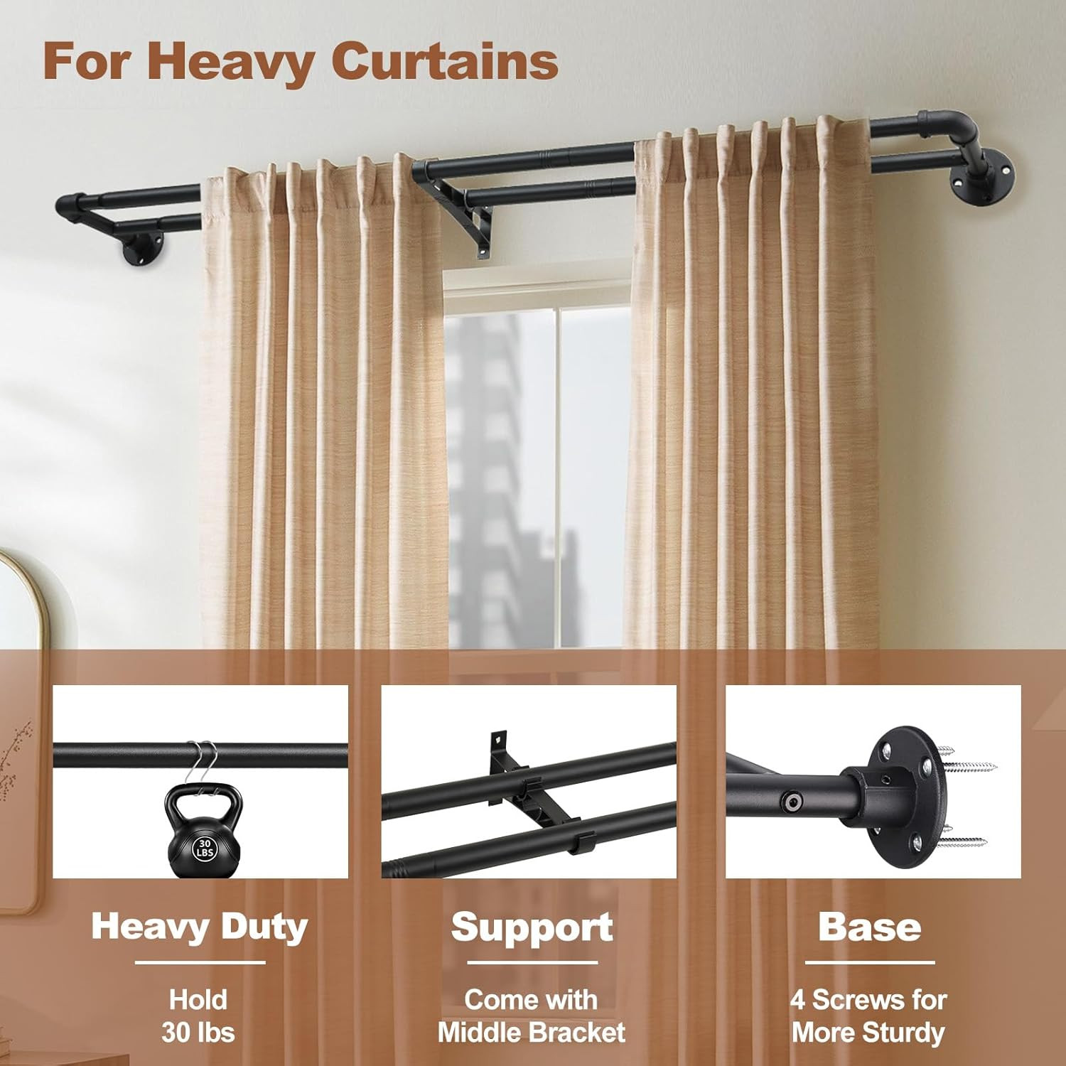 Heavy Duty Adjustable Double Curtain Rod 31-137 Inch – Black Wrap Around Design