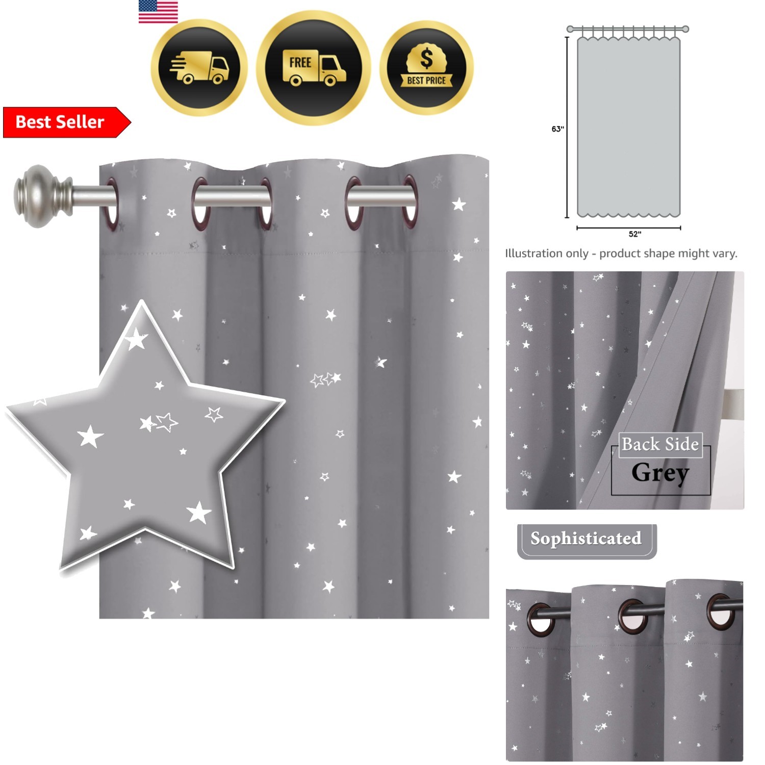 Blackout Star Curtains for Kids Room Kids Bedroom Star Pattern Grommet Drapes