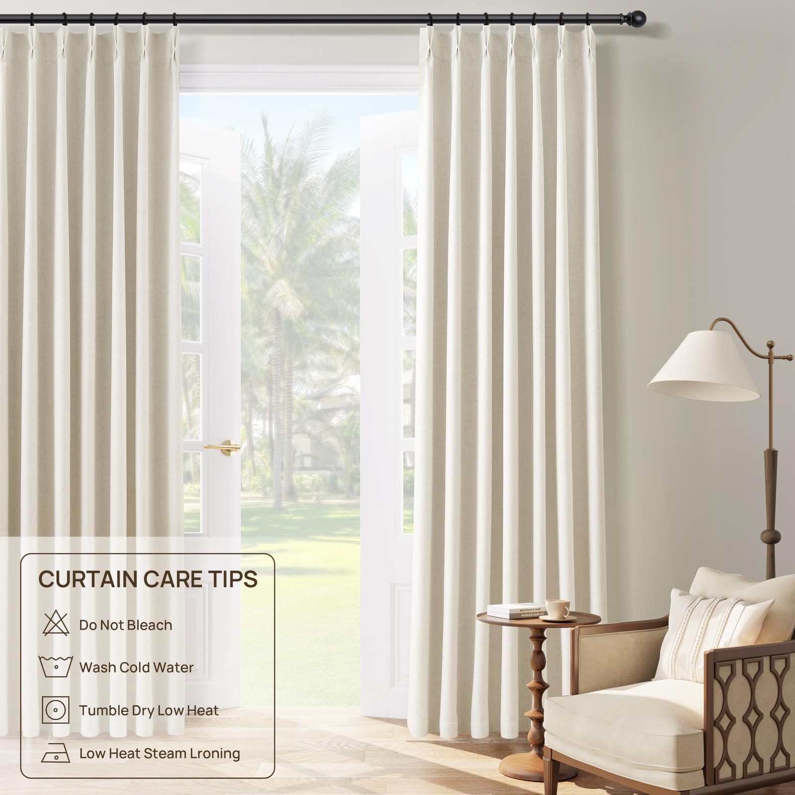 100% Blackout Linen Pinch Pleated Curtains for Bedroom Ceiling to Floor 96 In…