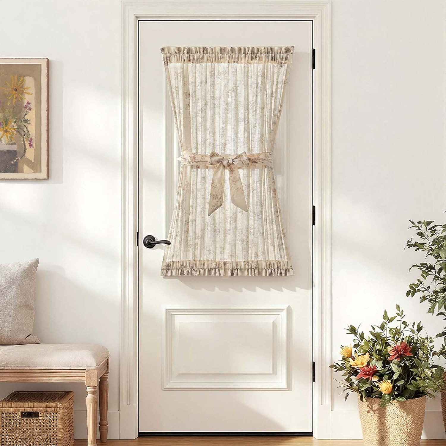 jinchan Floral French Door Curtain Panel Farmhouse Decor Light Filtering Linen w