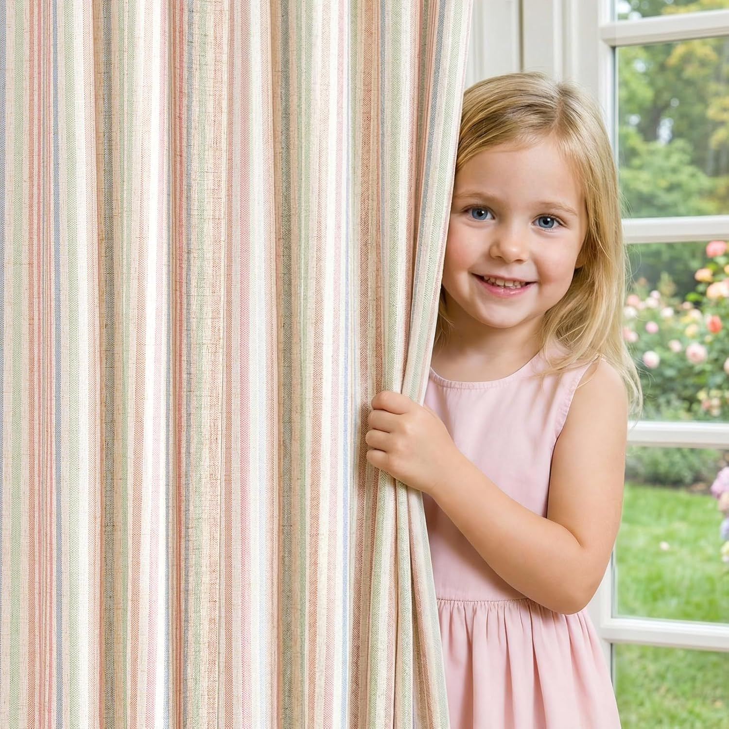 jinchan Linen Curtains for Living Room Candy Striped Curtains 63 inch Length for