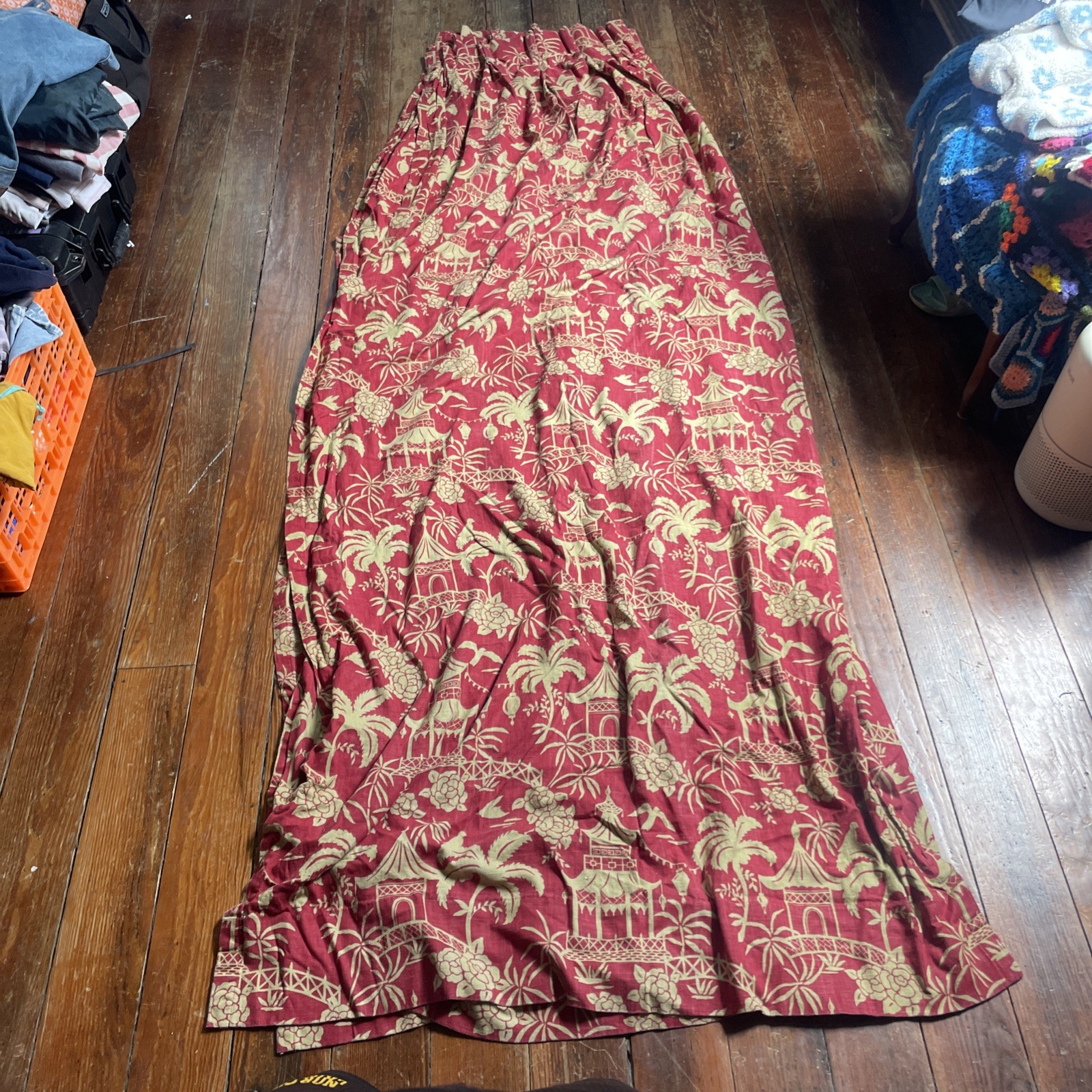 Vintage Set of 4 Pinch Pleat Curtains 70s MCM 108” Long Red Green Drapes Retro