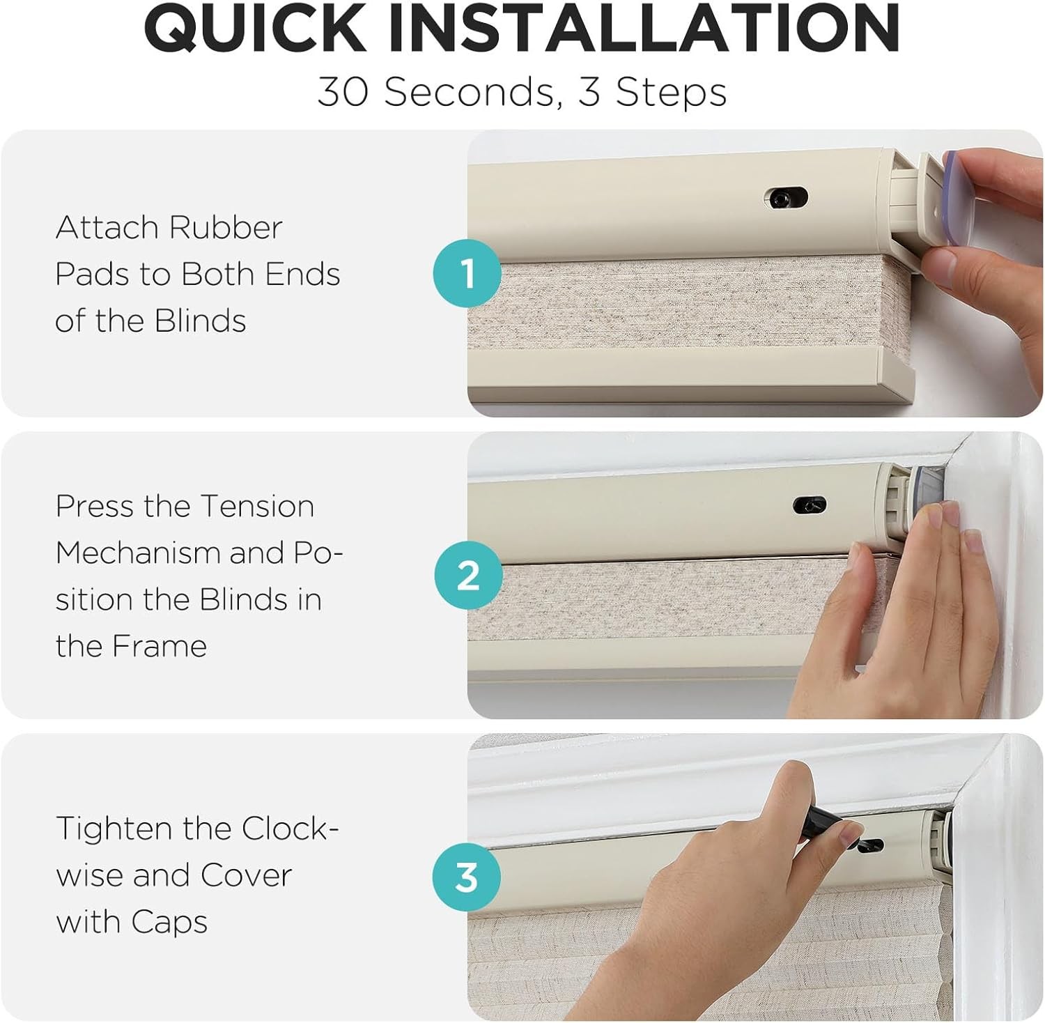 No Drill Linen Cellular Blinds for Indoor Windows, Light Filtering Cordless
