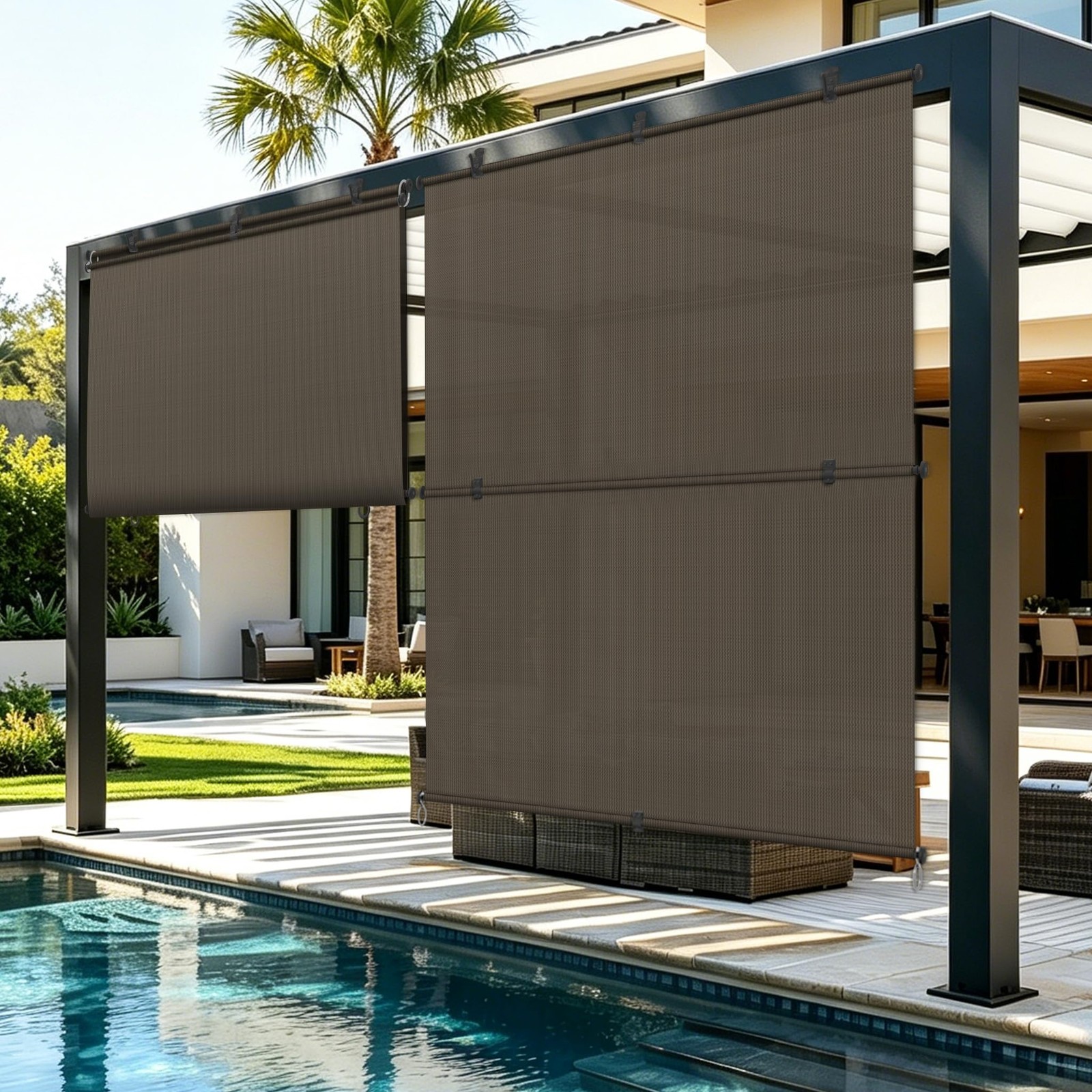 AwnPro Roller Shades 5’W x 6’H Patio Cordless Blackout Roll Up Shades, Exteri…