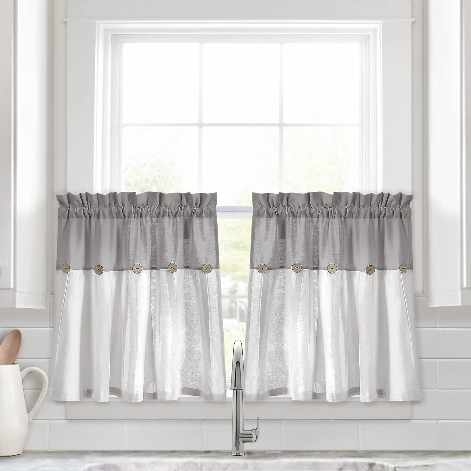 Button Farmhouse Kitchen Curtains Tier Set 29″W x 36″L Dark Linen Linen