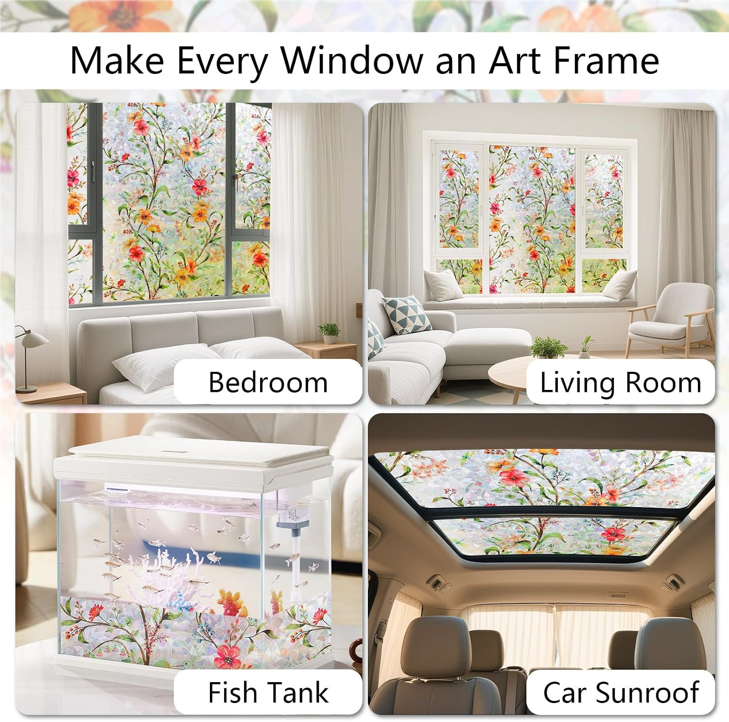 Window Privacy Film with Static Cling & 3D Rainbow Effect, Floral