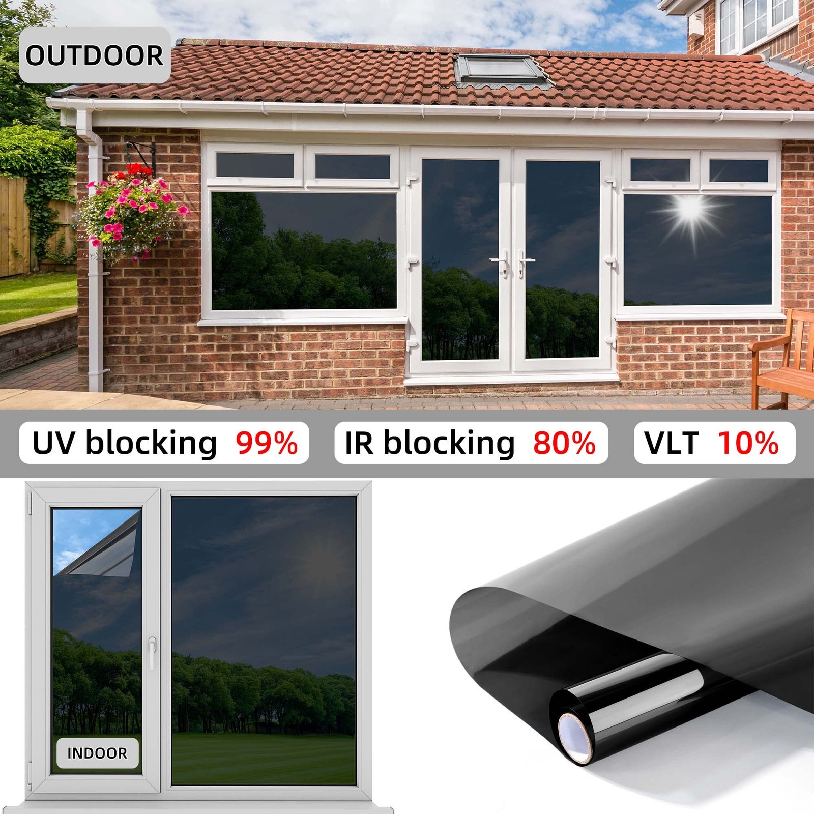 One-Way Window Privacy Film Black 17.5Inch×78.7Inch PET Heat Control 99% UV
