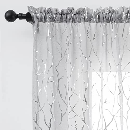 Tree Branch Silver Sheer Curtains for 52″W x 84″L (Pack of 2) Silver Grey