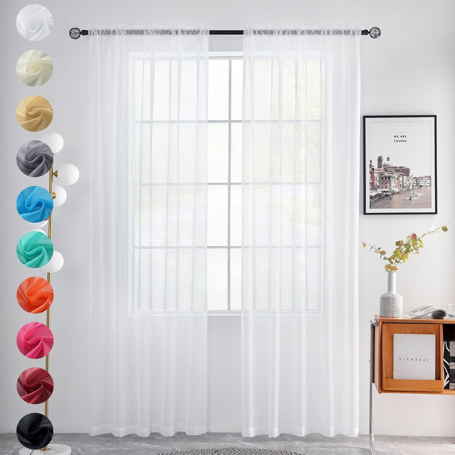 Youleyar Solid Sheer Rod Pocket Curtain Voile Draperies 2 Panels White Beige Bla