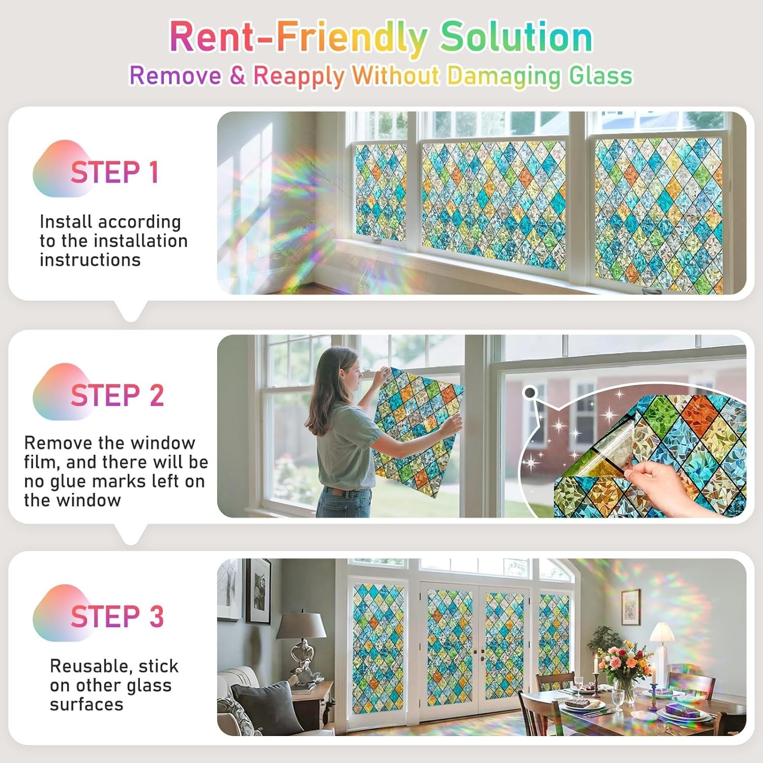 Window Privacy Film Stained Glass Decorative Window Cling 3D Static C…