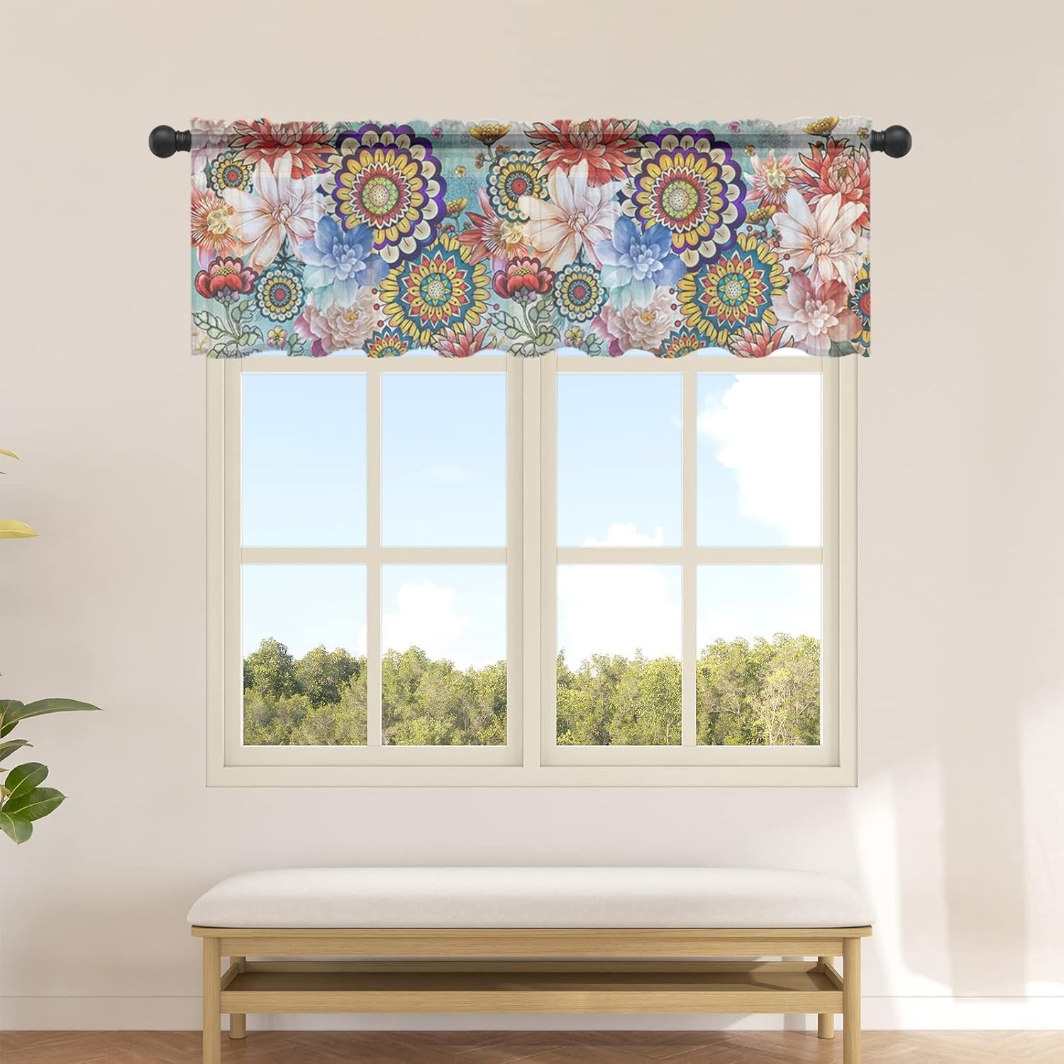 Boho Flowers Valance Curtains for Kitchen/Living Room/Bathroom/Bedroom Window, C