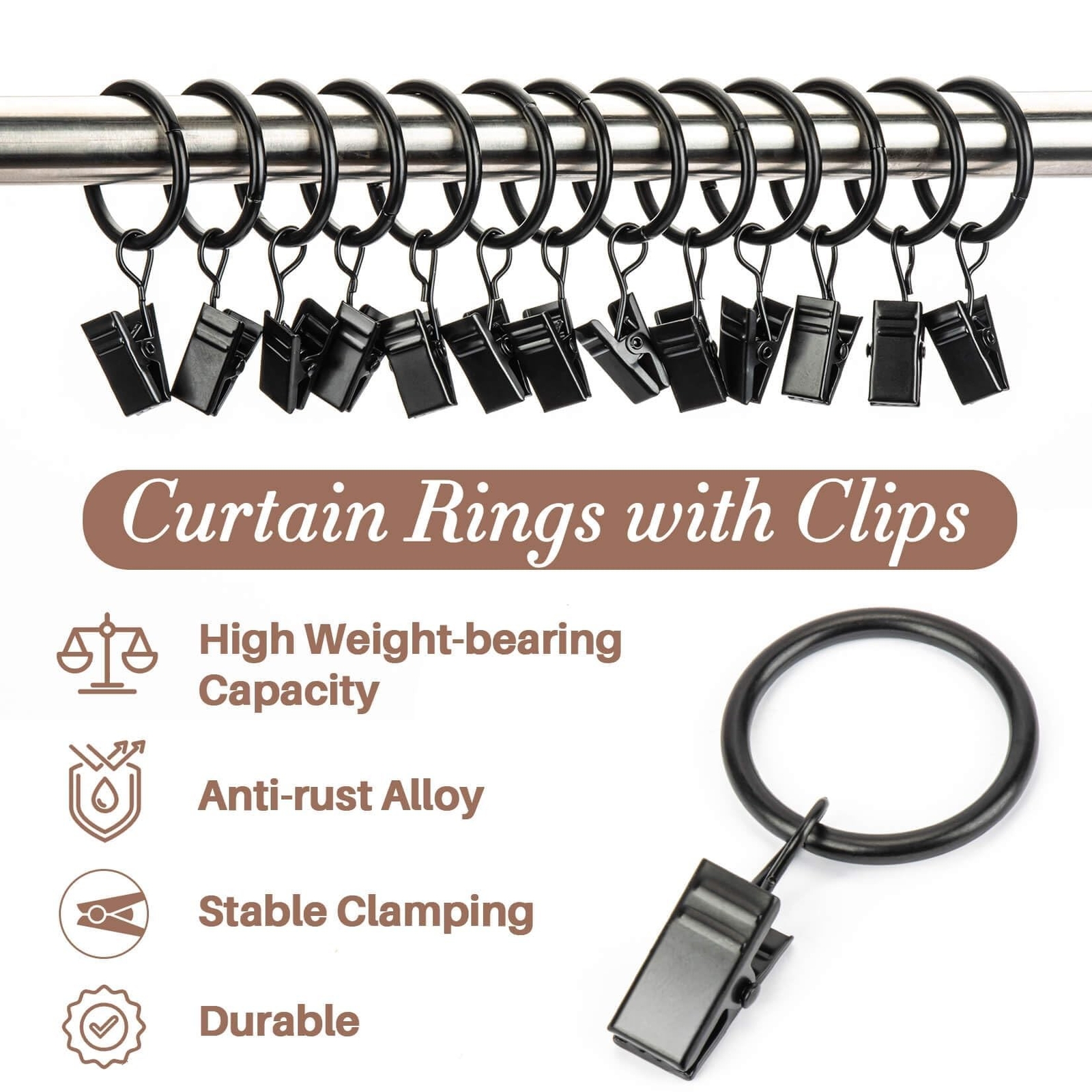 50PCS Curtain Rings with Clips – Curtain Clips Black Drapery Rings with Faste…