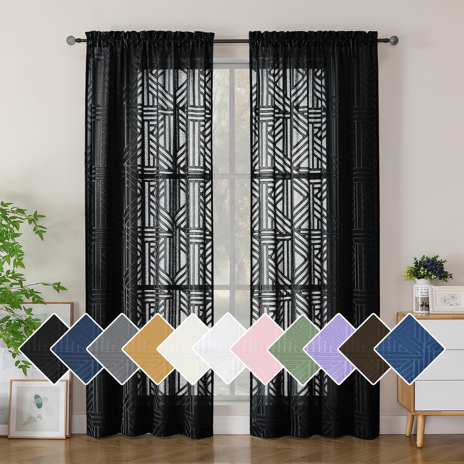 Semi Sheer Window Curtains, 84 Inch, 2 Panels, Jacquard Weave, Black
