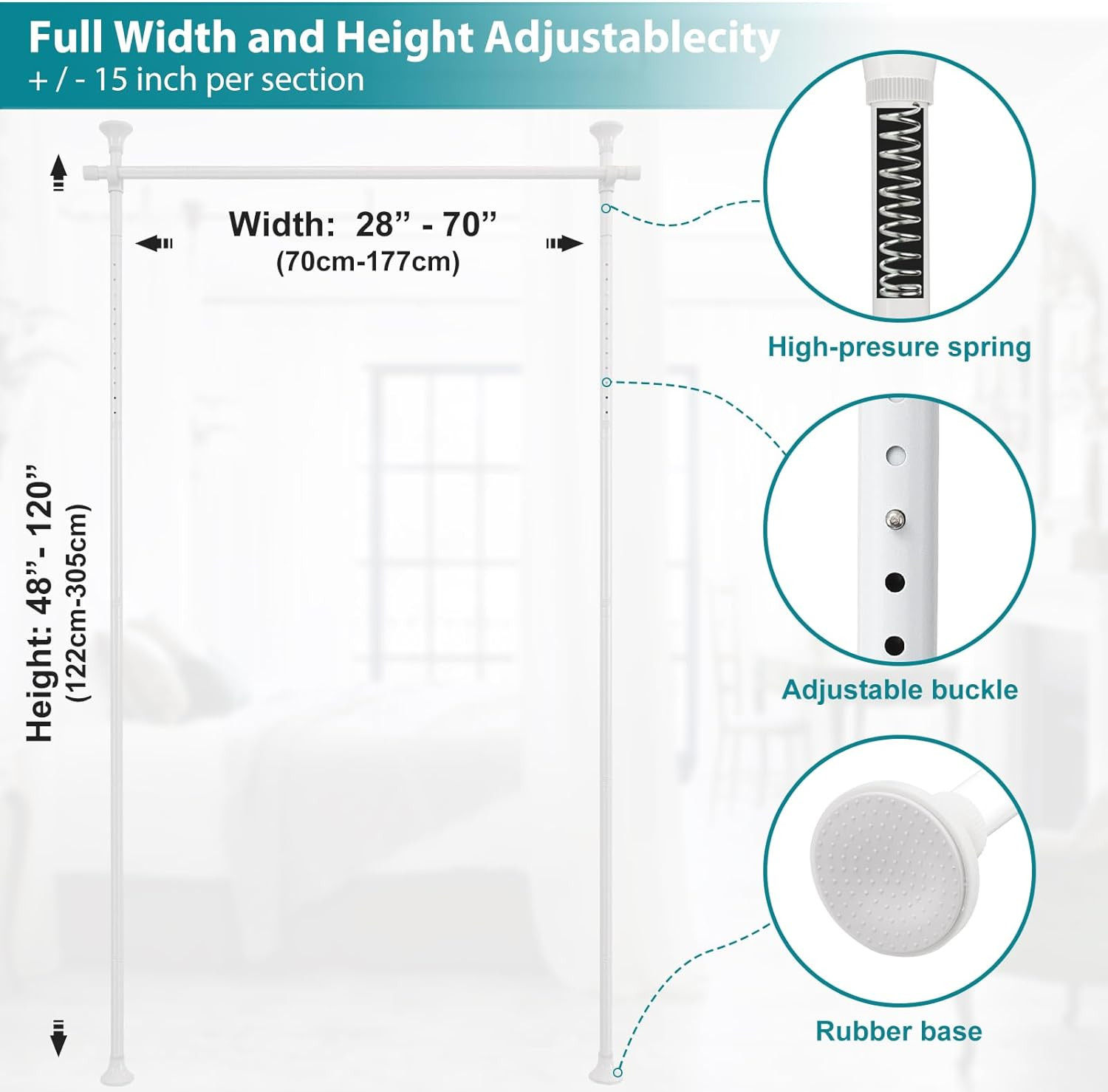 Adjust Room Divider Partition Tension white Rod Bar for 28-70″ W | 48-120 inch H