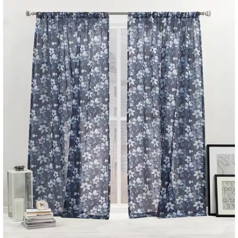 Dara Indigo Floral Light Filtering Rod Pocket Curtain, 54 In. W X 84 In. L (Set