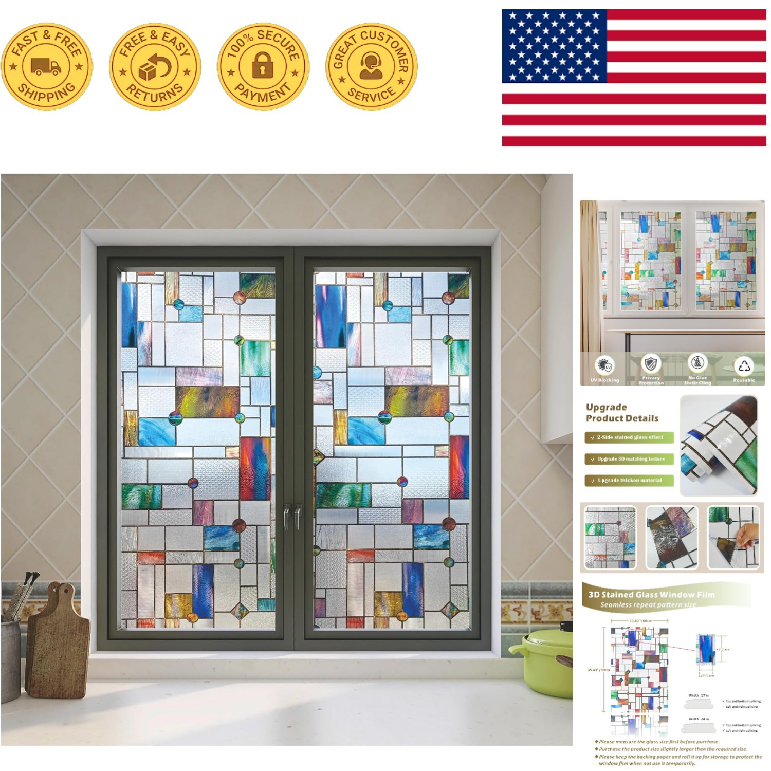 Stylish 16.9″ x 47.2″ Stained Glass Window Film – 100% Privacy & UV Protection