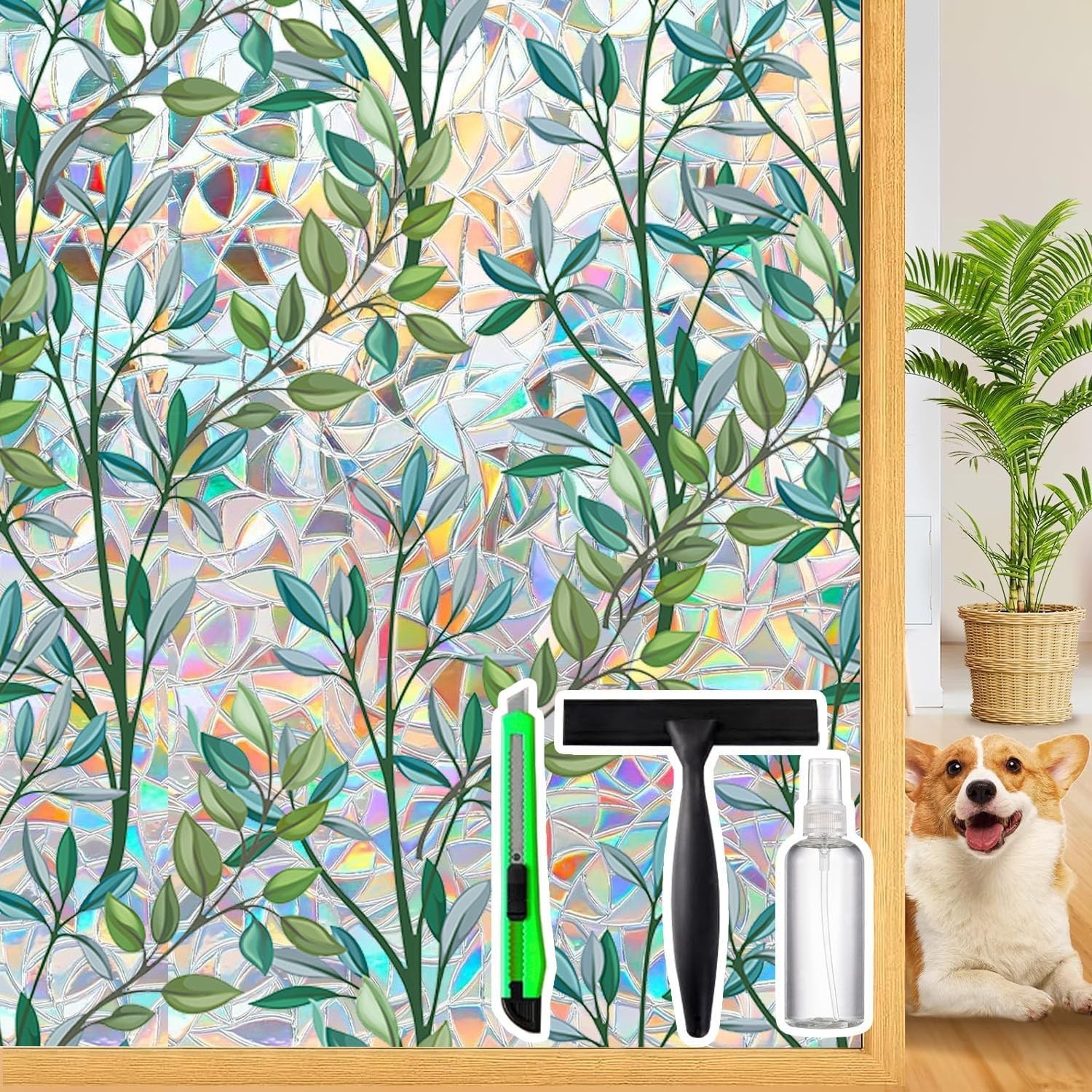 Enchanting Rainbow Privacy Window Film – 3D Stained Glass Effect, 17.5″ x 78.74″