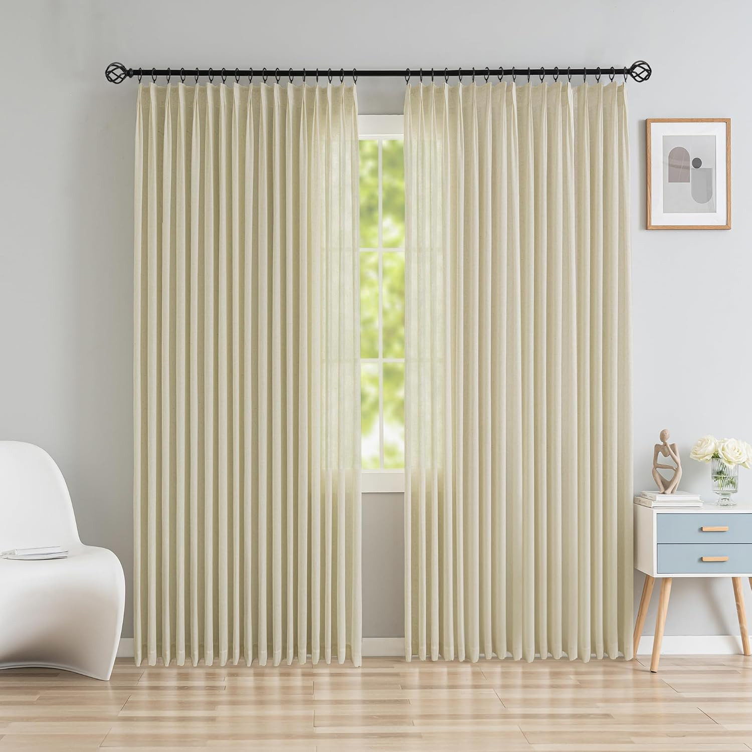 Extra Wide Pinch Pleated Drapes Curtains, Faux Linen Light Filtering Window Curt