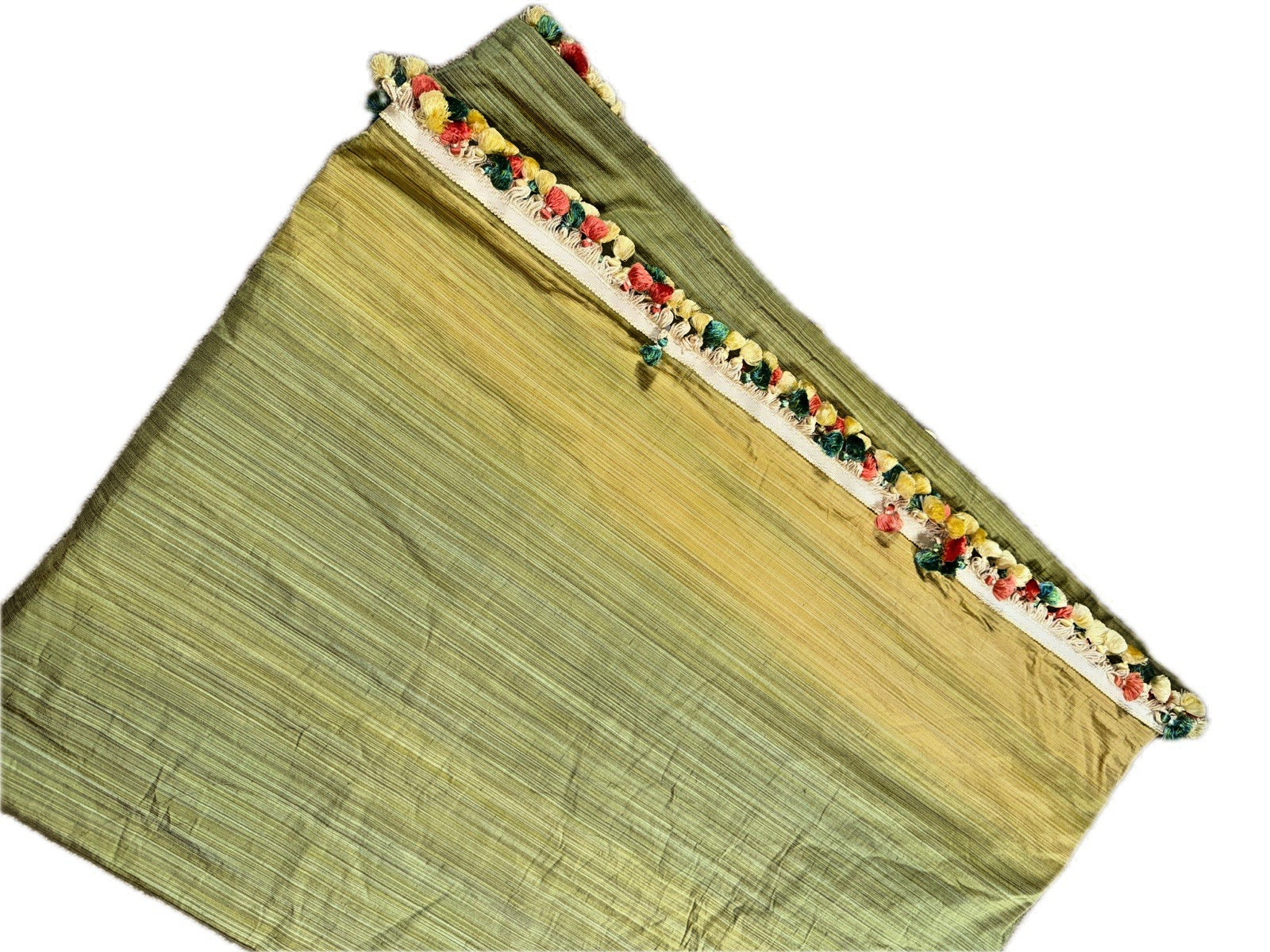 Single Stunning Silk Curtain Panel Green Double Lined 106 Long Poms Border Trim