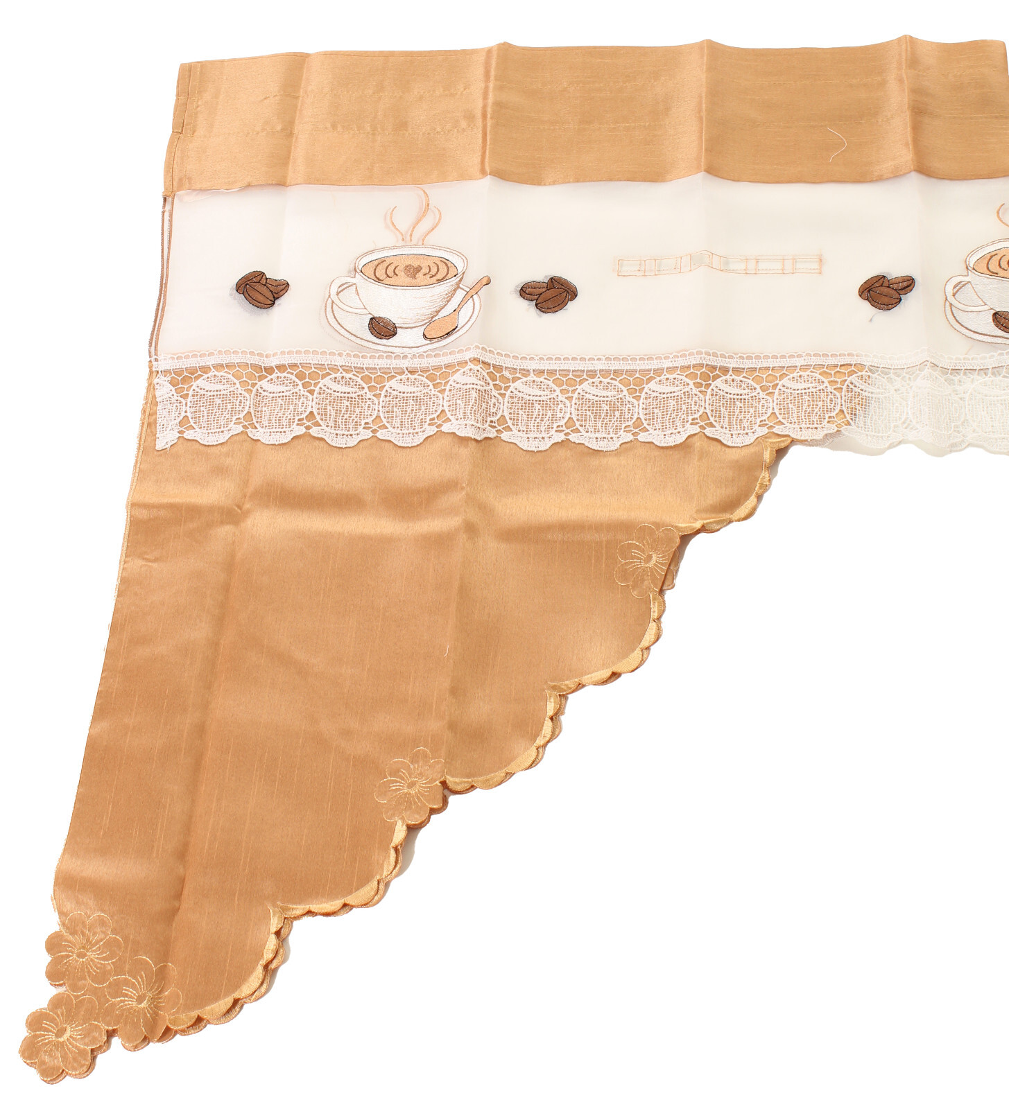 Coffee Cup Macrame Design Kitchen Curtain with Swag and Tier Set 36 inch Gold