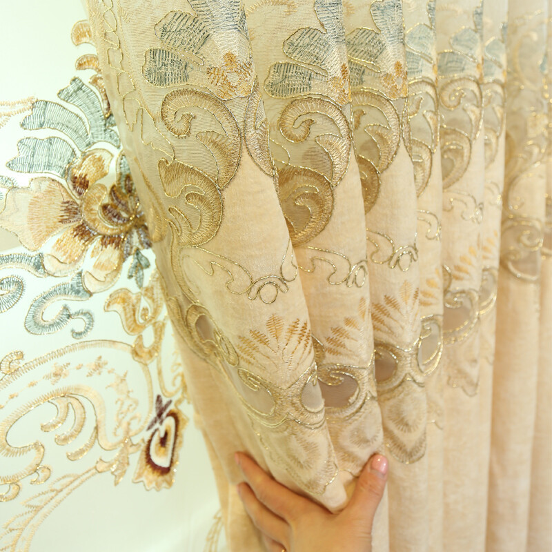 Custom Chenille embroidered beige cloth curtain tulle valance drape C1297