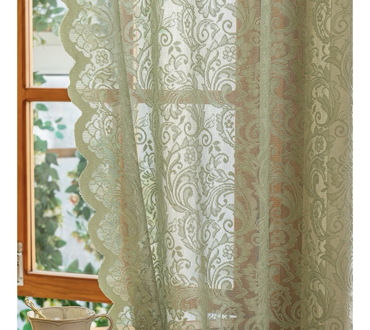 Sage Green Lace Curtains 52x45L”Gorgeous Boho Floral Cafe Short Curtains Windows