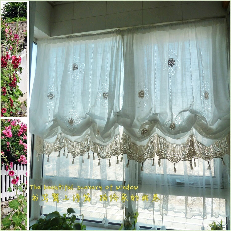 Pastoral Adjustable Shade Balloon Curtain Combined Hand Crochet White 1 Panel