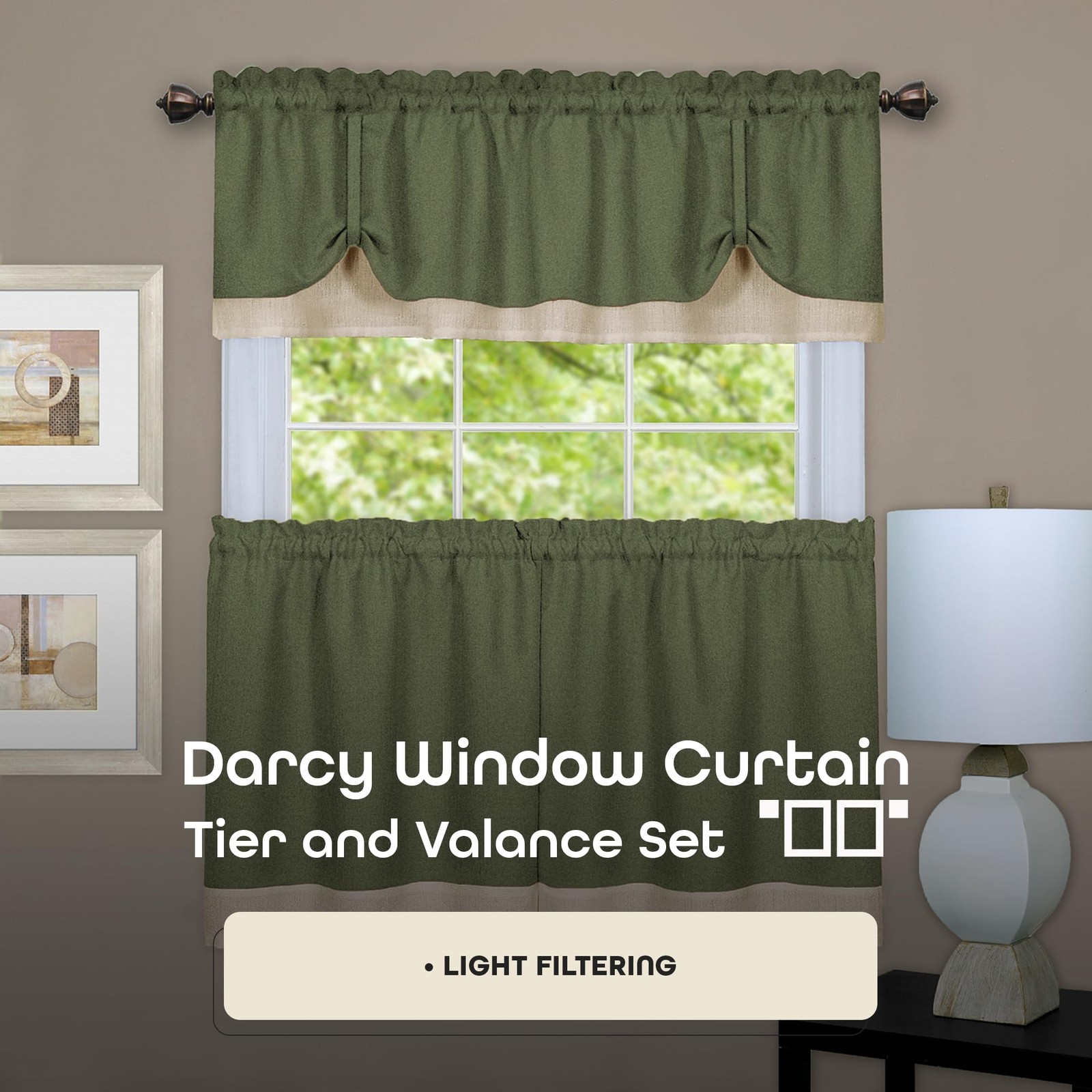 Darcy (Green/Camel) Tier and Valance Window Curtain Set – 58 Inch Width, 36 I…