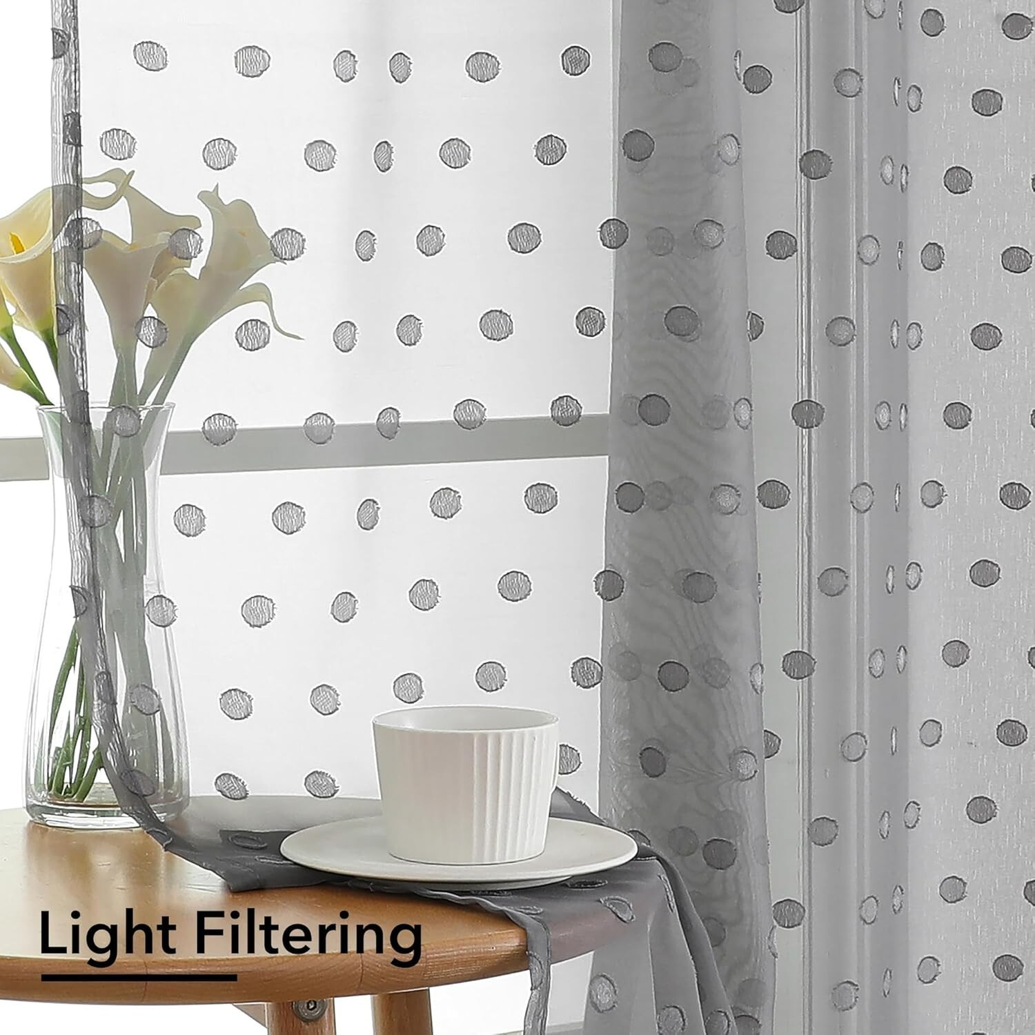 Simplebrand Polka Dots Grey Sheer Curtains 63 Inch Length 2 Panels, Elegant Airy