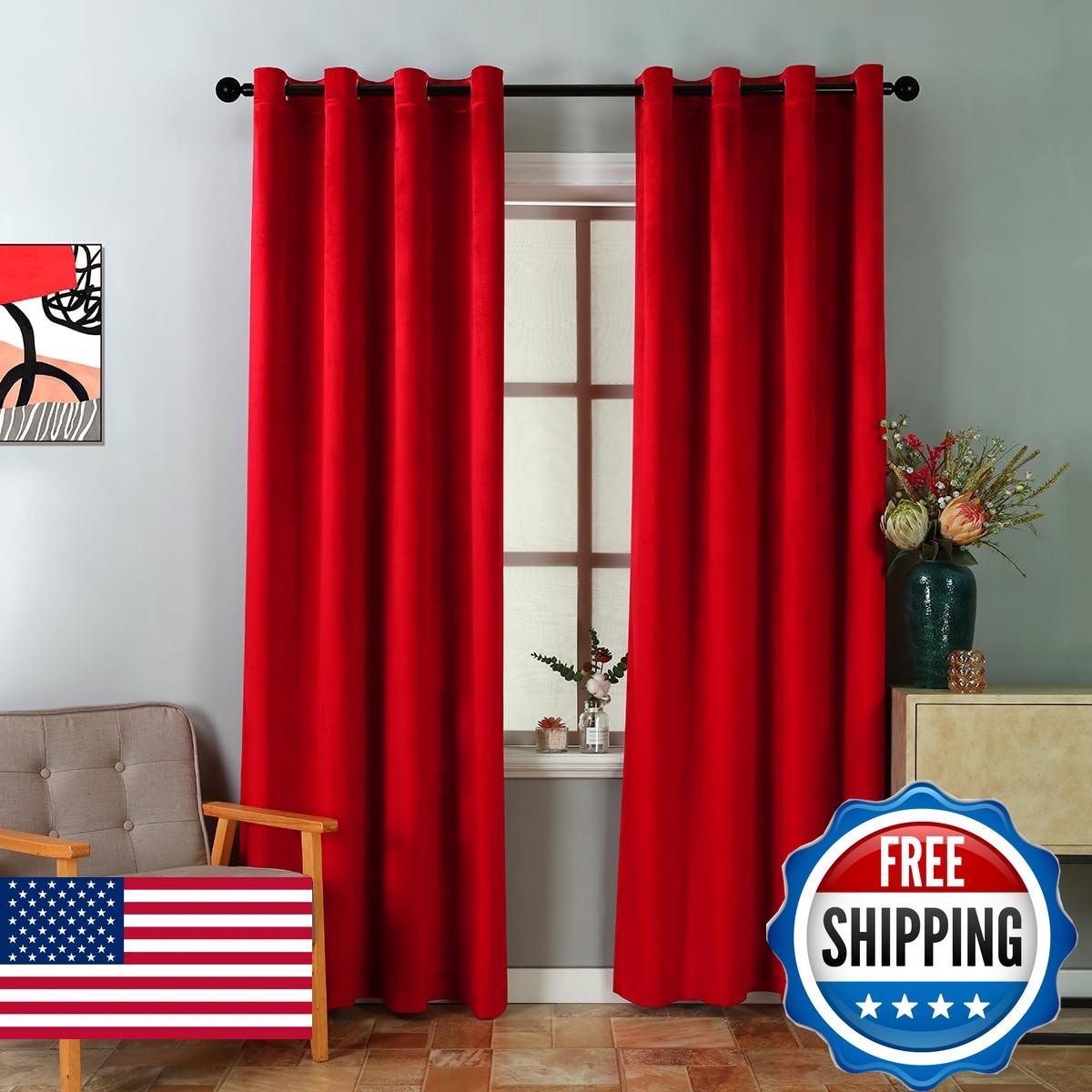 Elkca Luxury Burgundy Red Velvet Window Curtain For Living Roomgrommet Top2