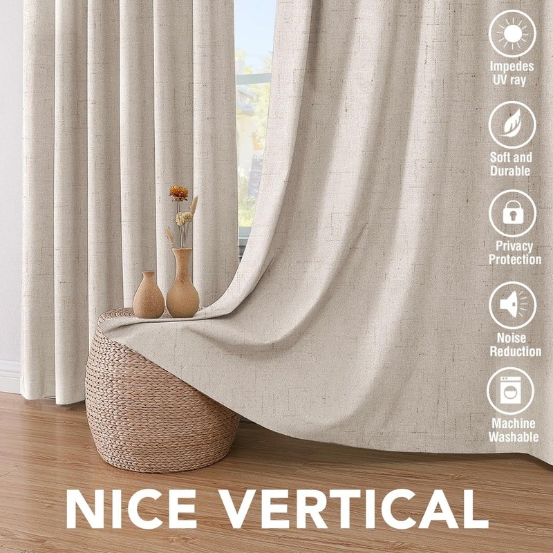 Blackout Linen Curtain Panels Energy Saving Noise Reduction Room Divider Decor