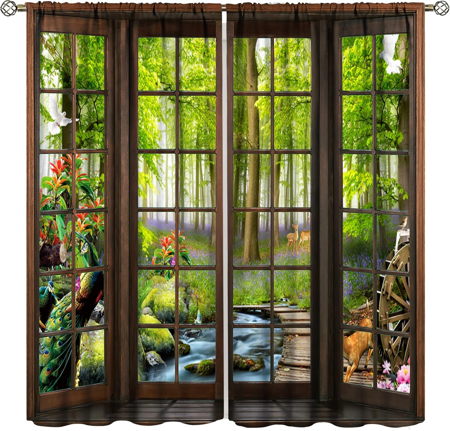 Landscape Curtains, 3D Window Spring Forest Wildlife Nature Scenery, Bedroom Liv
