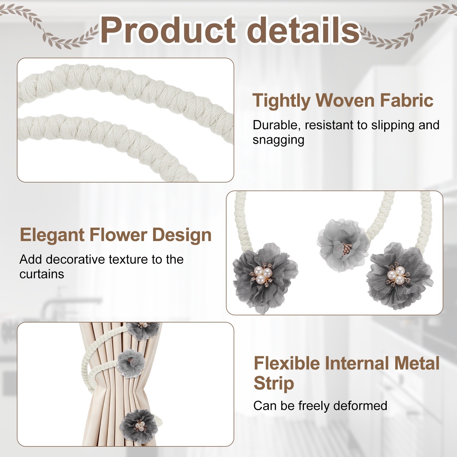 2Pcs Flower Curtain Tiebacks, 3 Flower 45cm Twist Holdbacks Clip, Gray