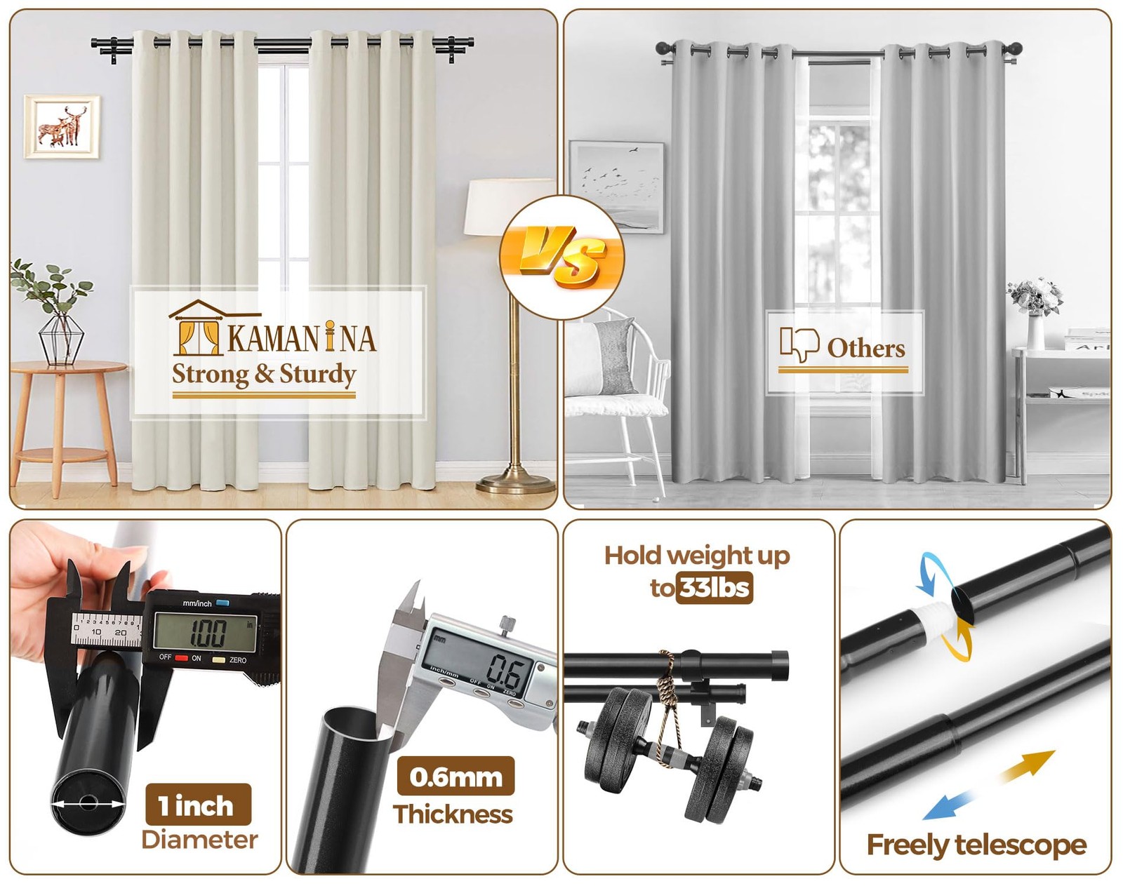 1 Inch Double Curtain Rods 66 to 120 Inches (5.5-10 Feet), Heavy Duty Adjusta…