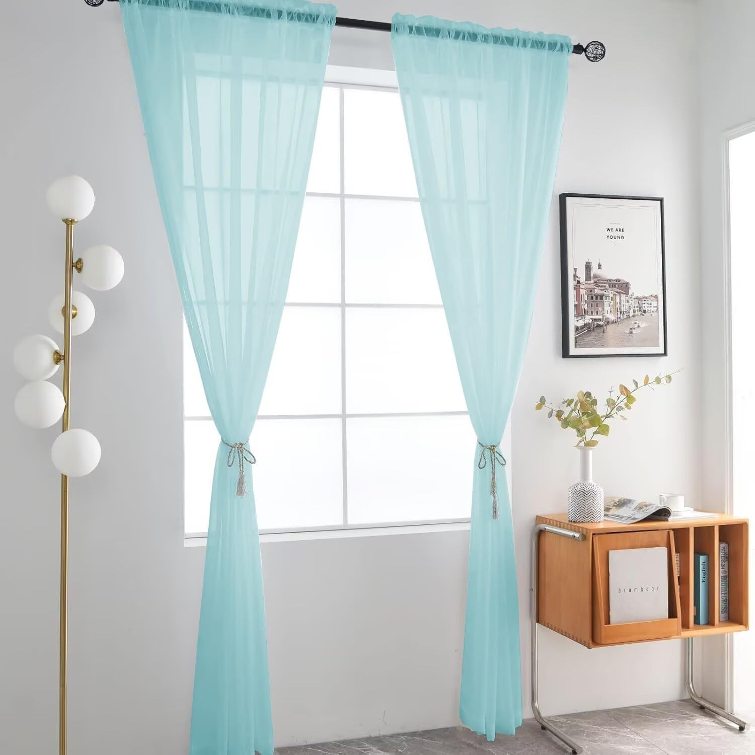 Basic Rod Pocket Sheer Voile Window Curtain Panels Sky Blue 1 Pair 2 Panels 52 W
