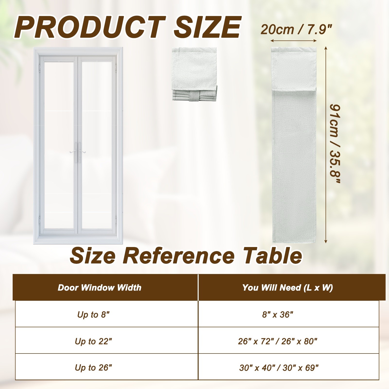 1PC 100% Blackout Side Door Curtains, 8″ x 36″ Linen French Door Curtain, Beige