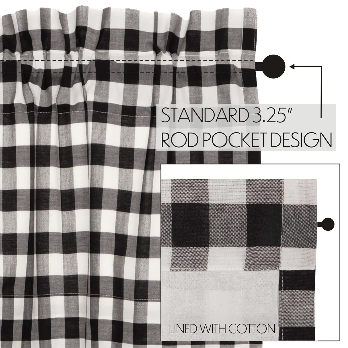 Buffalo Black Check Window Valance Lined 16 x 72 in – 3 1/4 in Rod Pocket
