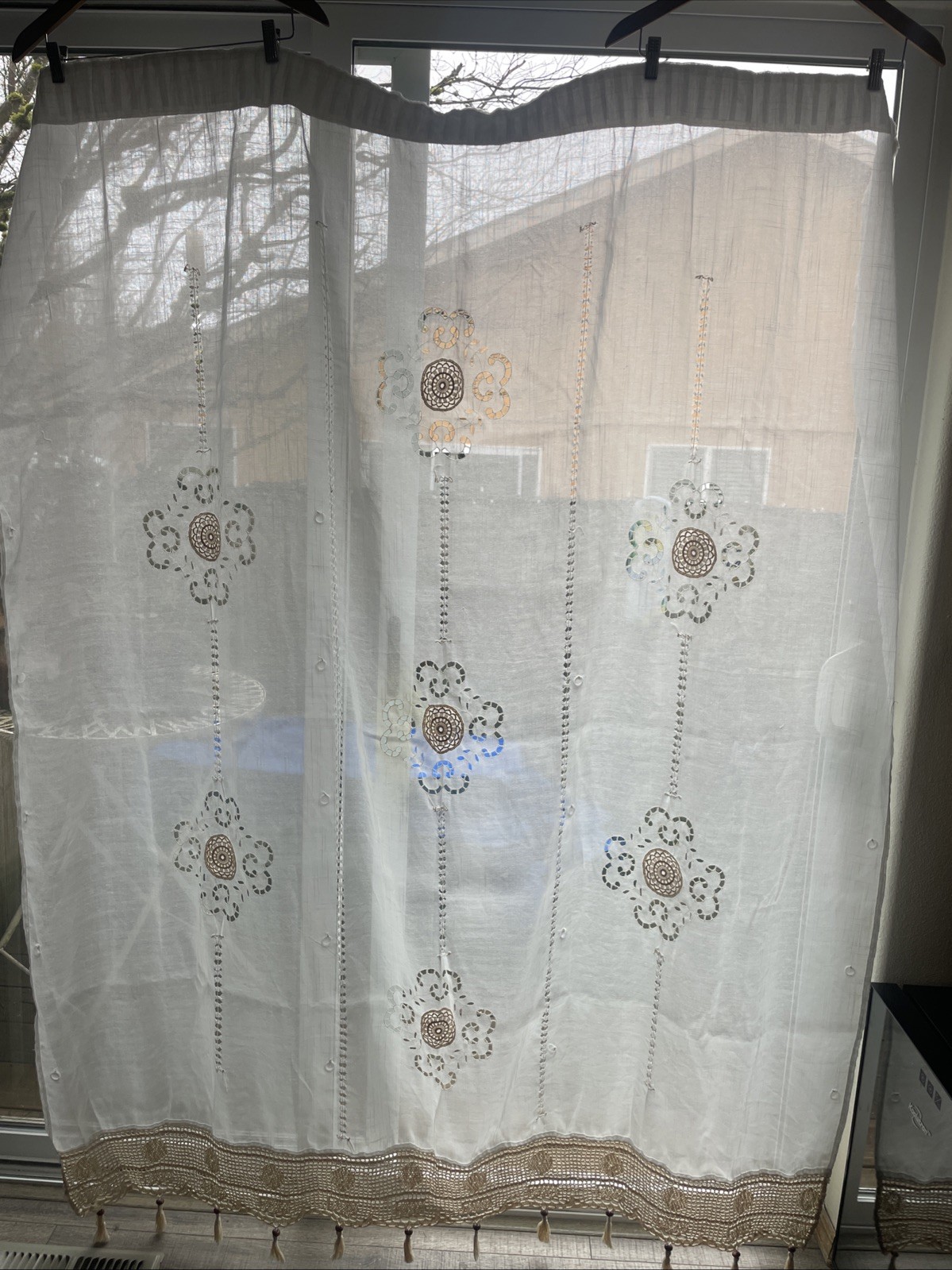 European/BoHo Curtain 56 x 70” Cutwork Lace Medallions Crocheted w/Tassel, Flaws