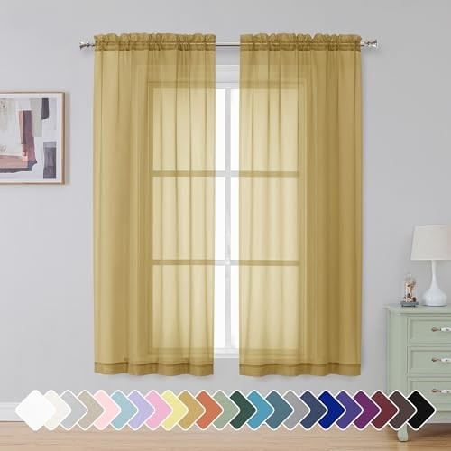 Short Sheer Curtains 45 Inch Length for Small 42″W x 45″L (Pack of 2) Gold