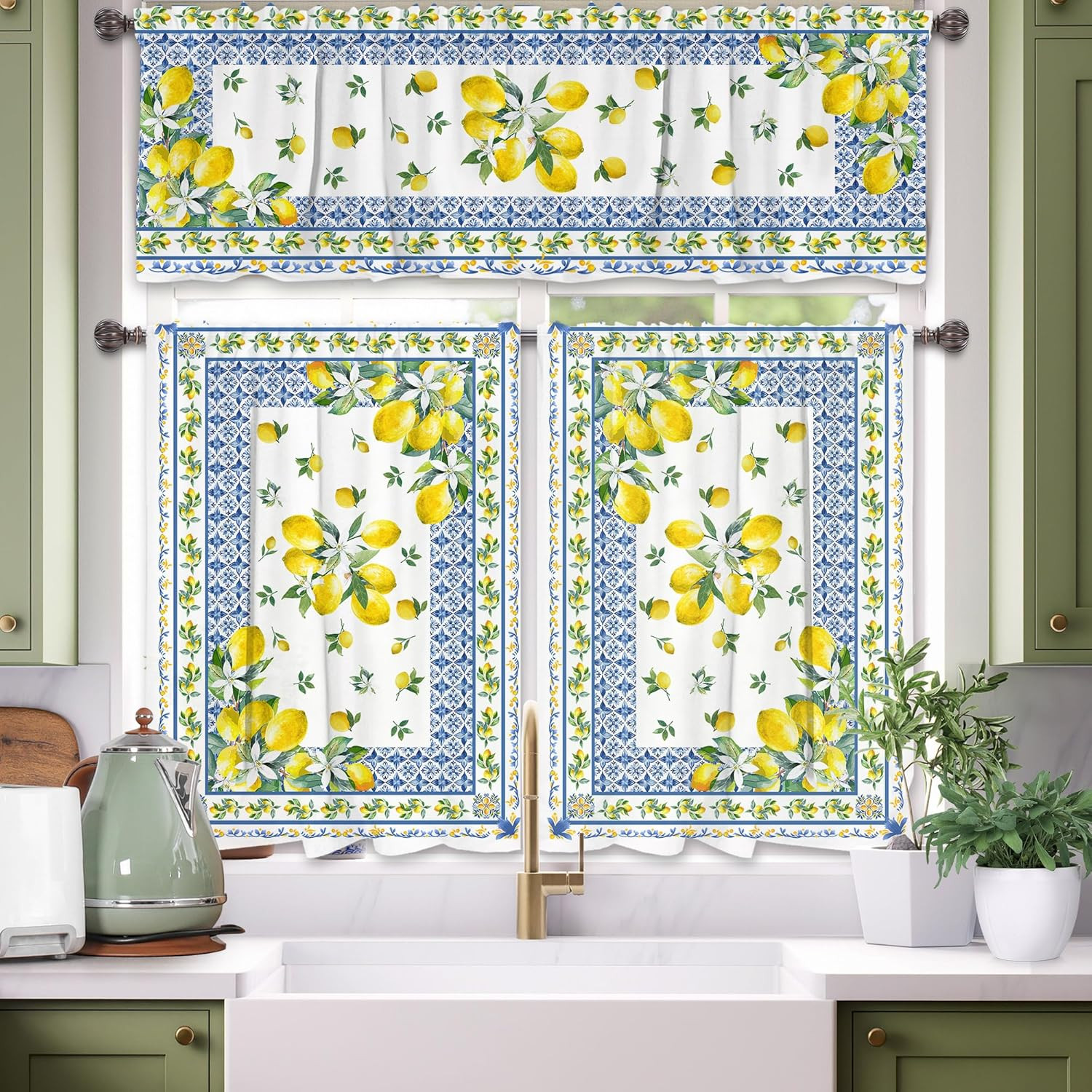 Lemon Kitchen Curtains and Valances Set 3 PCS for Window, Mediterranean Spring S