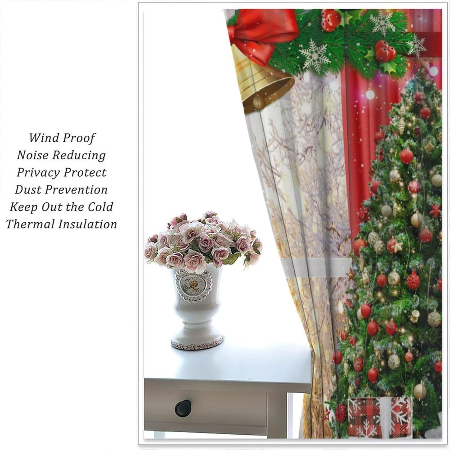 Festive Christmas Window Curtains with Snowy Tree & Bell Design, 84×84 Inch