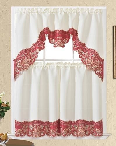 GOHD Arch Rosarium 3pcs Kitchen Curtain Set, Elegant Ivory Fabric with Rose Embr
