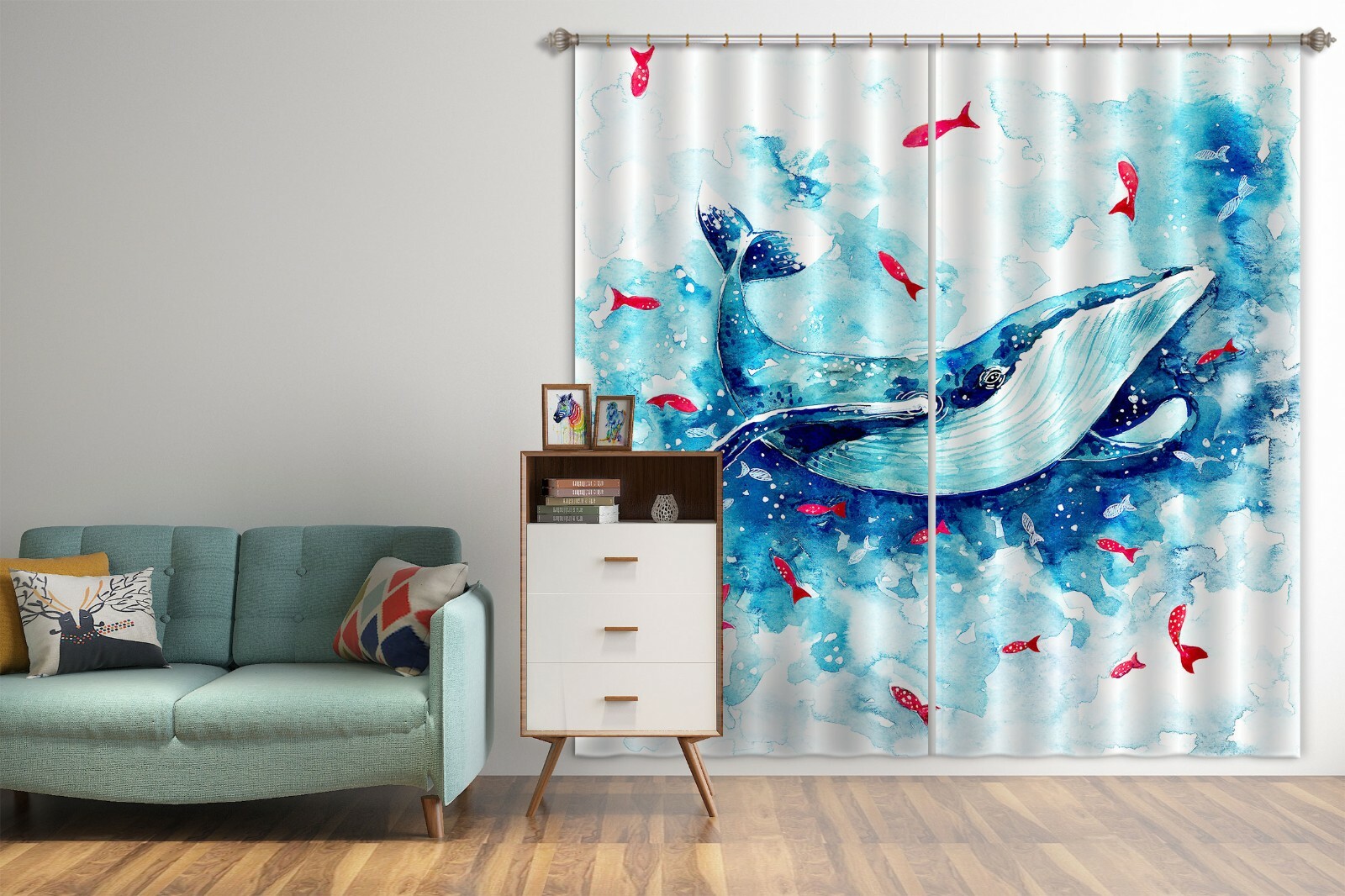 3D Painted Blue Whale Red Fish RAING36 Window Photo Curtain Fabric Quality Honey