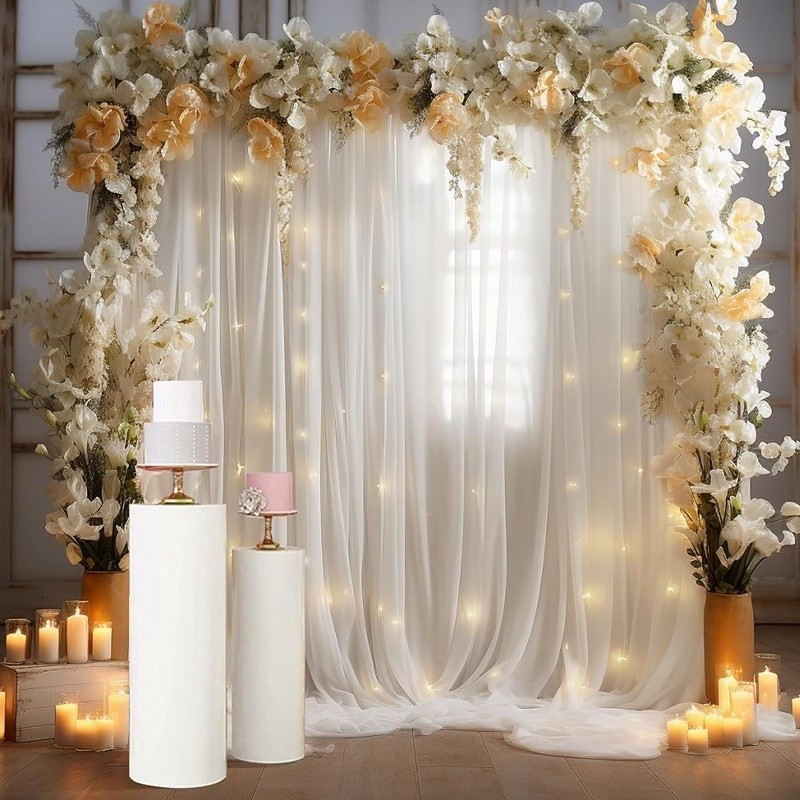 White Sheer Backdrop Curtains W/ String Lights Weddings Parties Events Decor New
