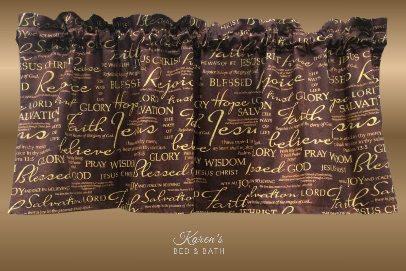 Faith Valance – Christian Scripture Word Curtain Brown Gold Inspirational Decor