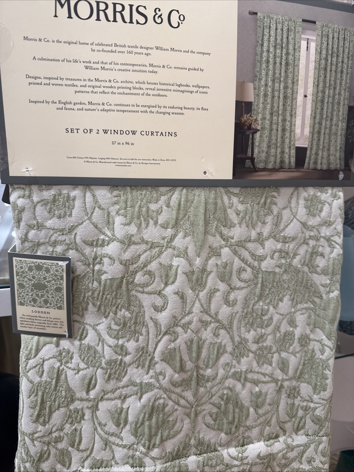 (2) Morris & Co Lodden Green Sage Floral Rod Back Tap Window Curtain 96” ~New~
