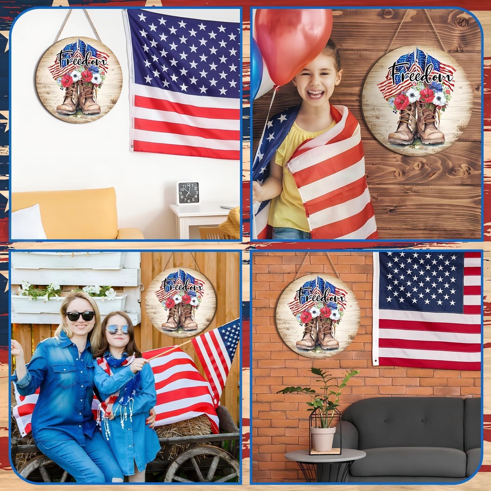 Memorial Day Decorations Patriotic Front Door Sign American Soldier Boots Hangin