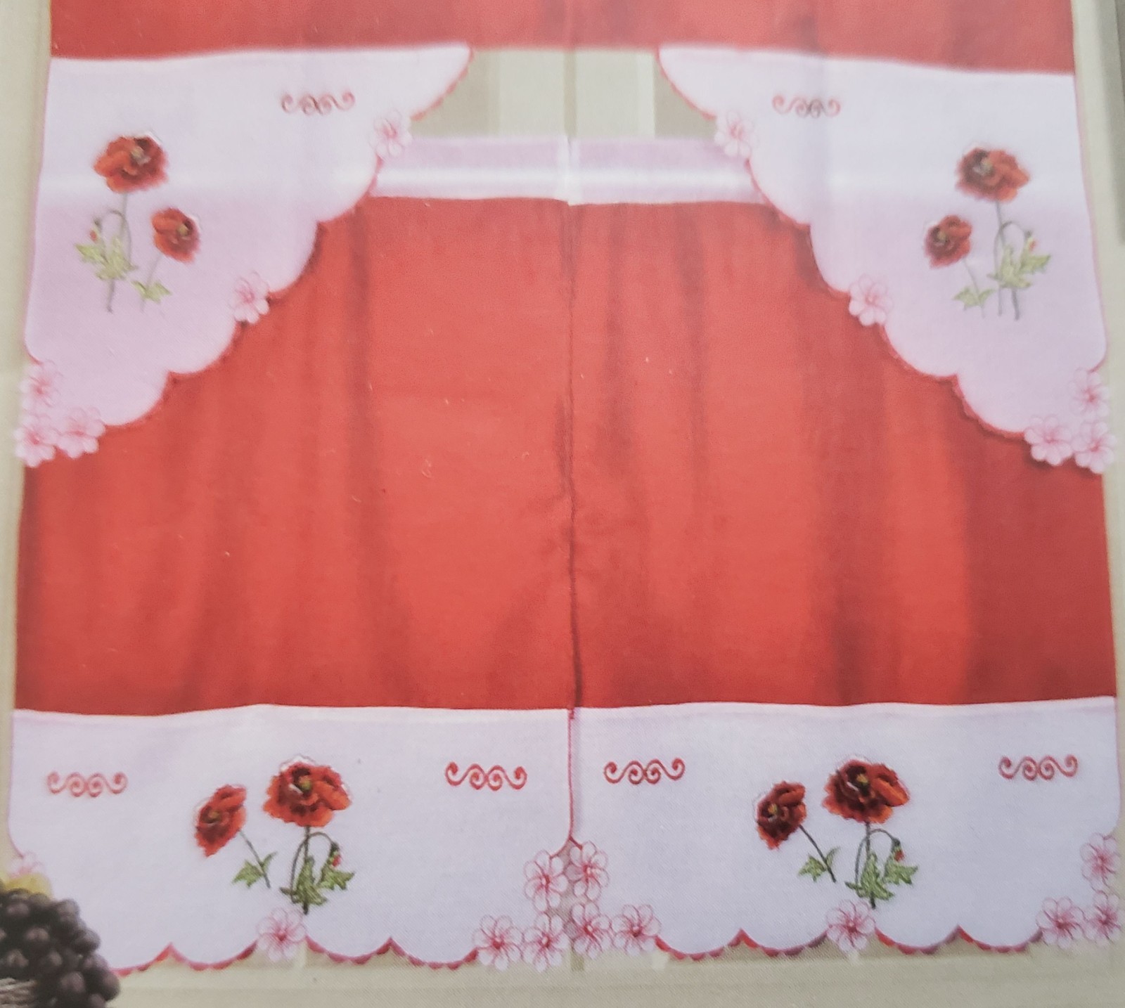 3pc. Embroidery Curtains Set: 2 Tiers & Swag(58″x36″) RED FLOWERS,DHALIA, Editex