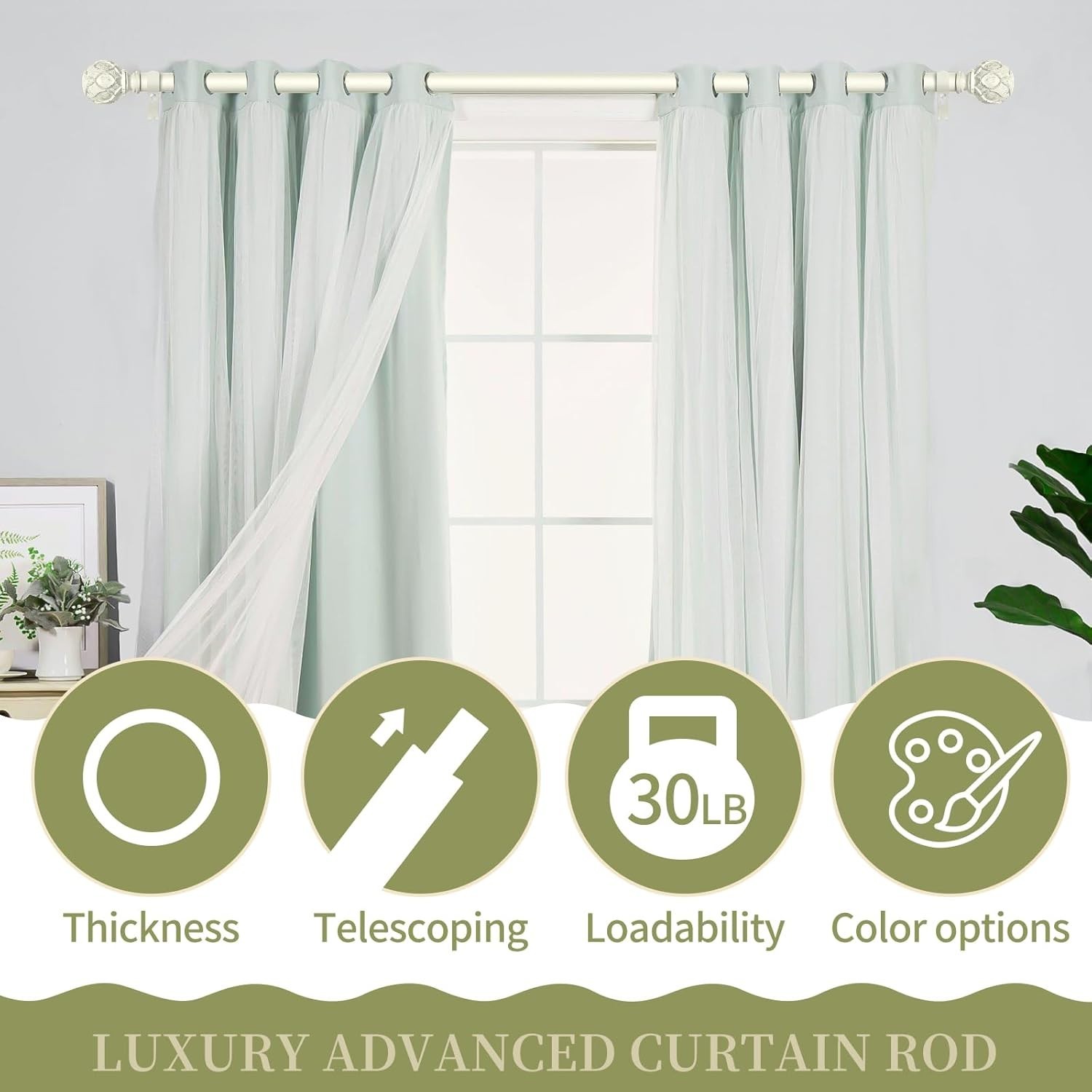 White Farmhouse Curtain Rods for Windows:36-88″ Heavy Duty Adjustable Curtain…