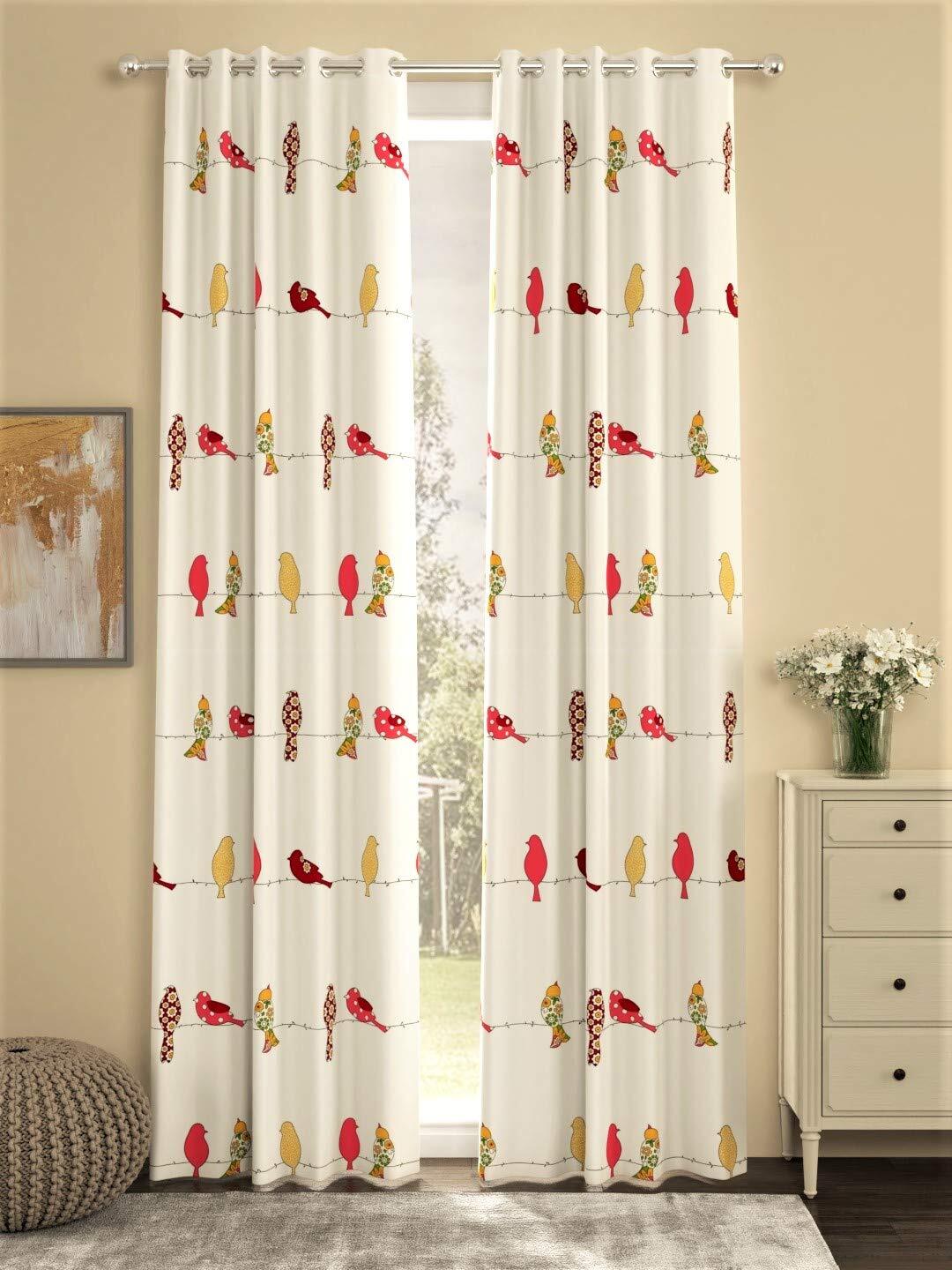Set of 2 Printed Cotton Curtains For Door Bedroom,Living Room Humming Bird Red